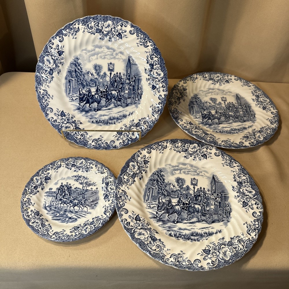 Set 4 Johnson Brothers Coaching Scenes Blue Plates 3 Dinner 1 Bread * England
