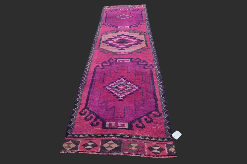 Vintage 3x11 Turkish Oushak Runner Rug Handmade Anatolian Boho Kilim PINK