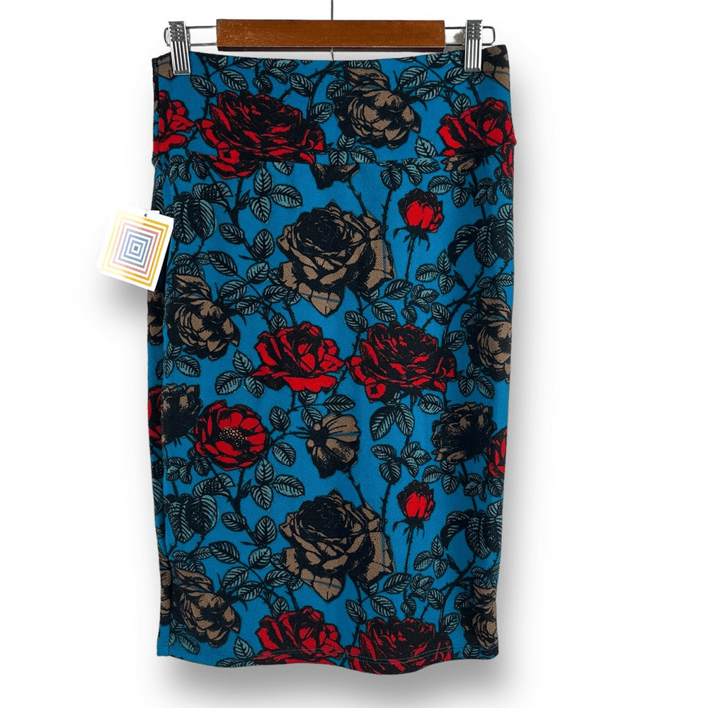 LuLaRoe Women's Size S Cassie Pencil Skirt Blue Red Roses Print Stretchy New