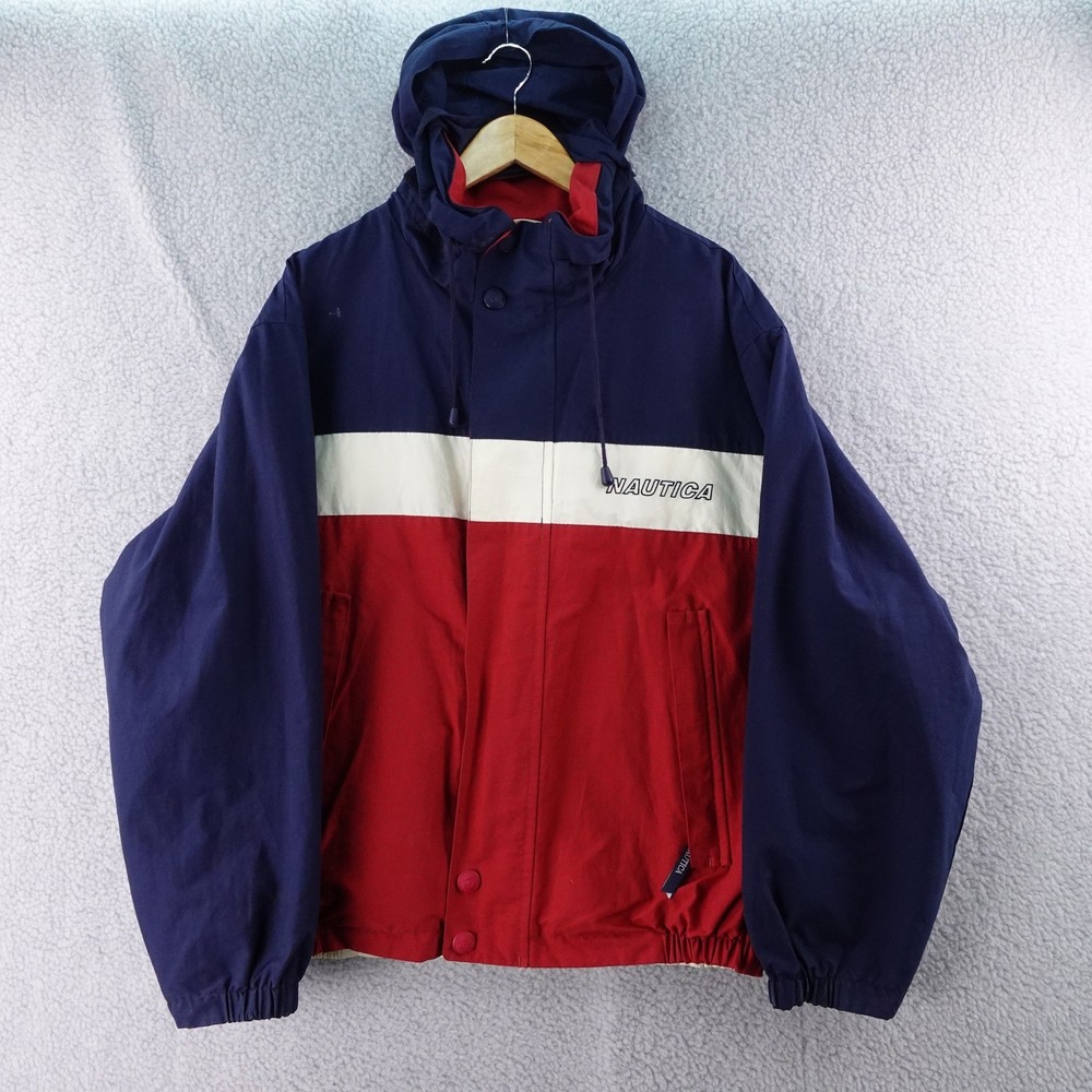 Nautica Mens L Colorblock Hoodie Jacket Blue Red White Y2K Blue Water Challenge