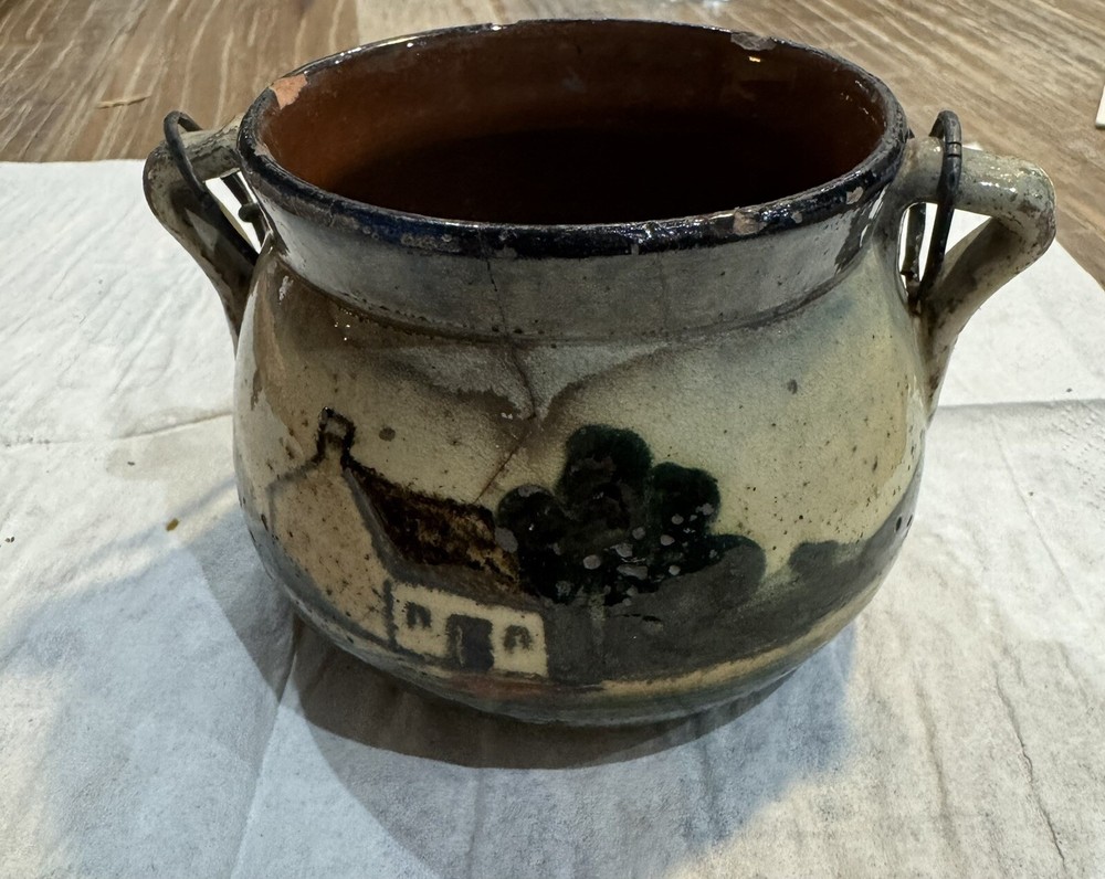 Vintage Small Hanging Planter With House Scene Pottery