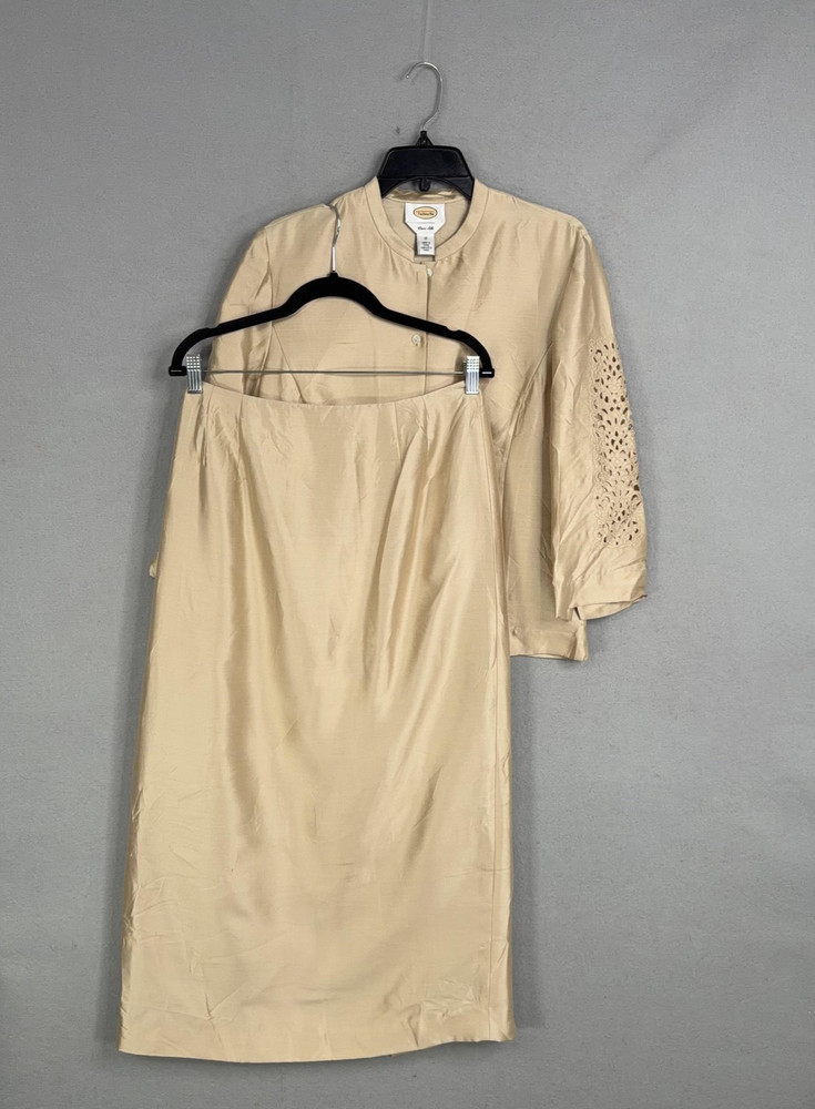 Talbots Set Womens 12 Beige 100% Pure Silk Jacket Skirt Eyelet 2 Piece Suit Midi