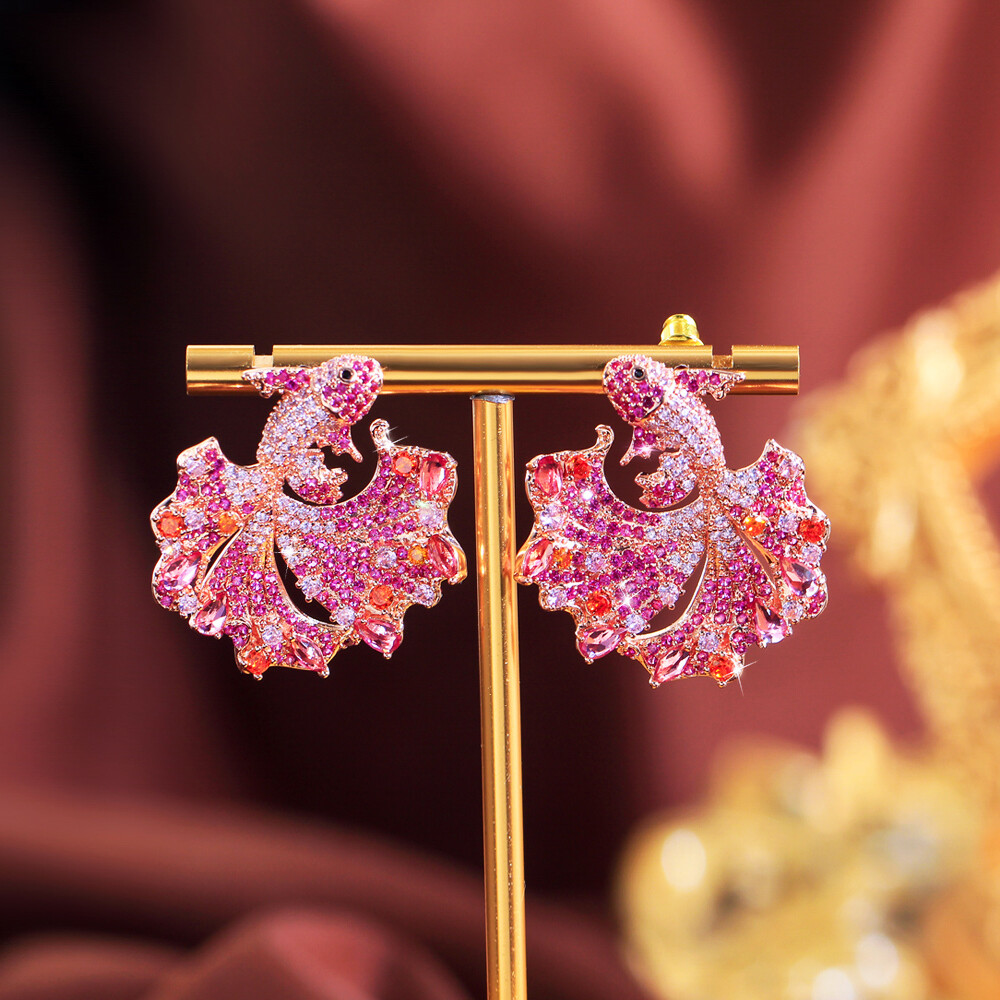 Rose Gold Plated CZ Hot Pink Red Fish Dangle Drop Earrings Cute Animal Jewelry