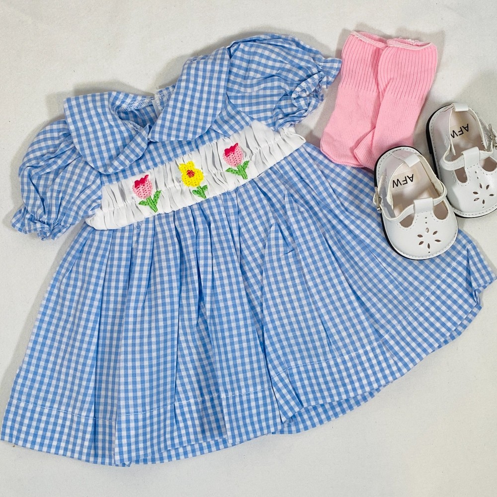 Blue Checked Smocked Easter Dress & Shoes Outfit Set for 18