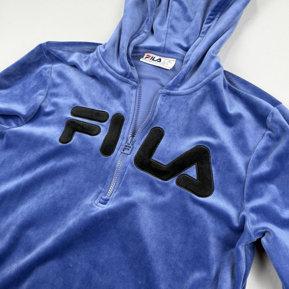 FILA Velour Quarter Zip Hoodie Women Small Blue Logo Spellout Pullover