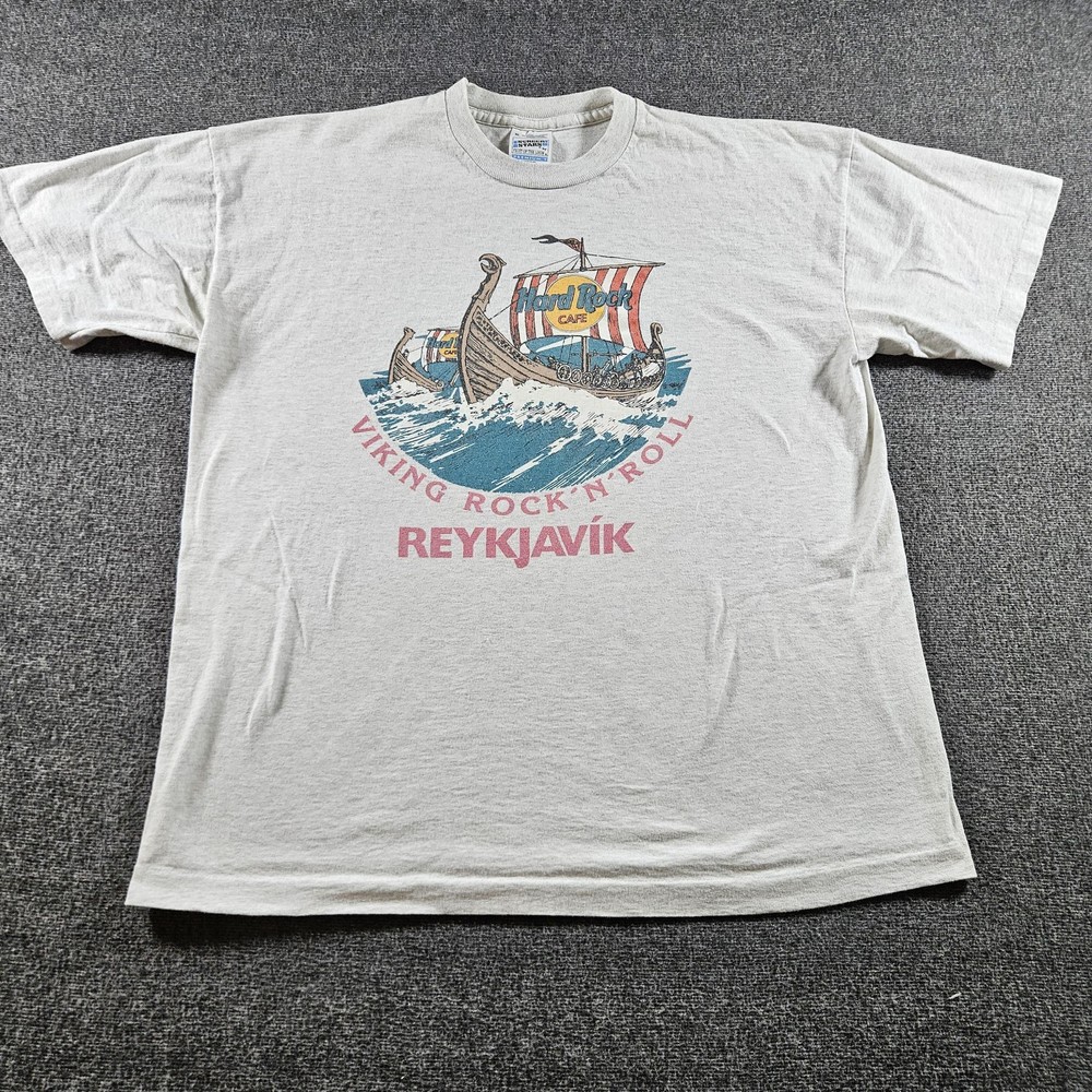 Vintage Hard Rock Cafe Shirt Mens XL Gray Viking Rock N Roll Reykjavik Tee 90s