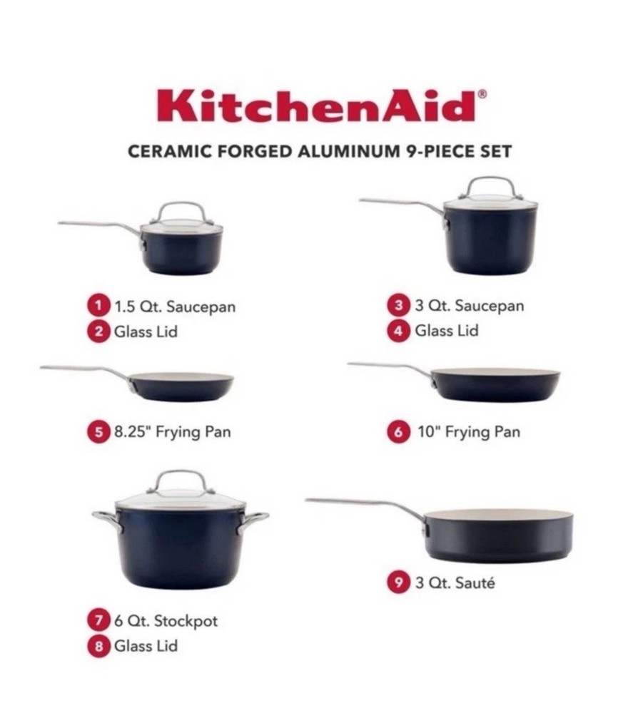 KitchenAid 9-Piece Forged Aluminum Ceramic Cookware Set with Fry Pan Stockpot Oven Safe to 500F Black