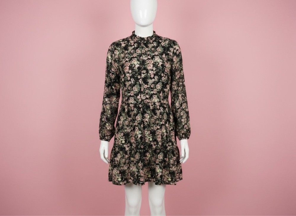 Women Black Floral Mock Neck Tiered Mini Dress Long Sleeve Ruffle