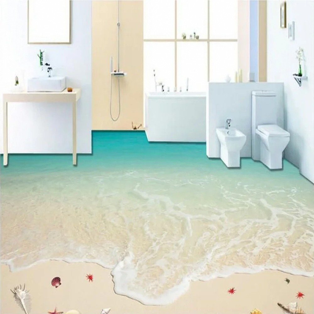 Custom 3D Floor Wallpaper Self-adhesive Waterproof Beach Waves Room Decor