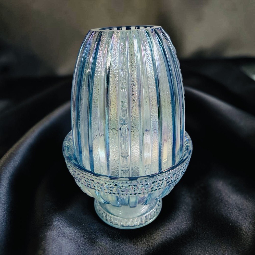 Vtg FENTON Art Glass Fairy Lamp Ice Blue Carnival Faberge Tulip Ribbed 5.25x3.5