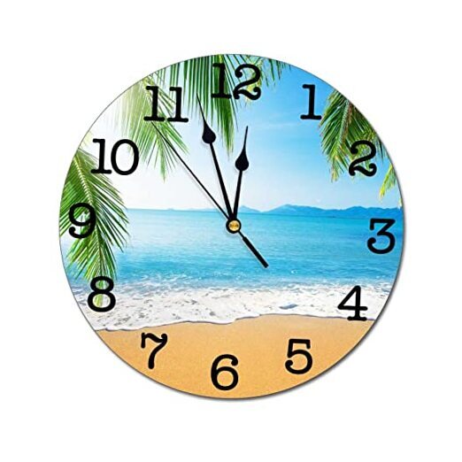 Sea Beach with Palm Trees Wall Clock Battery Operated Silent Round Clock