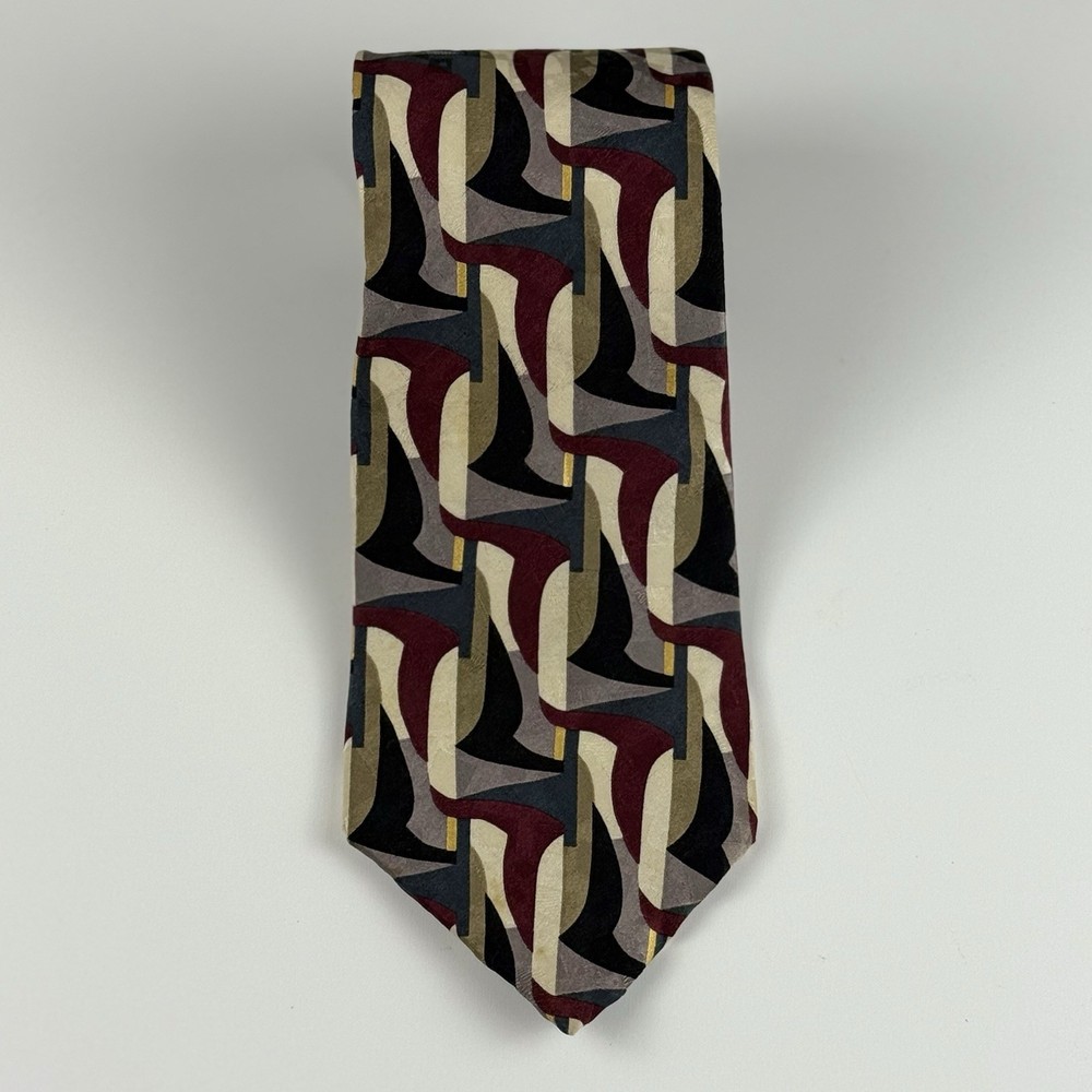 Vintage Facets Necktie 90s Abstract Geometric Silk Burgundy & olive MCM pattern
