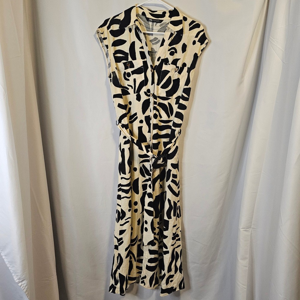 Zara Shirt Dress Womens Small Cream Black Abstract Graphic Belted Midi Gold-image