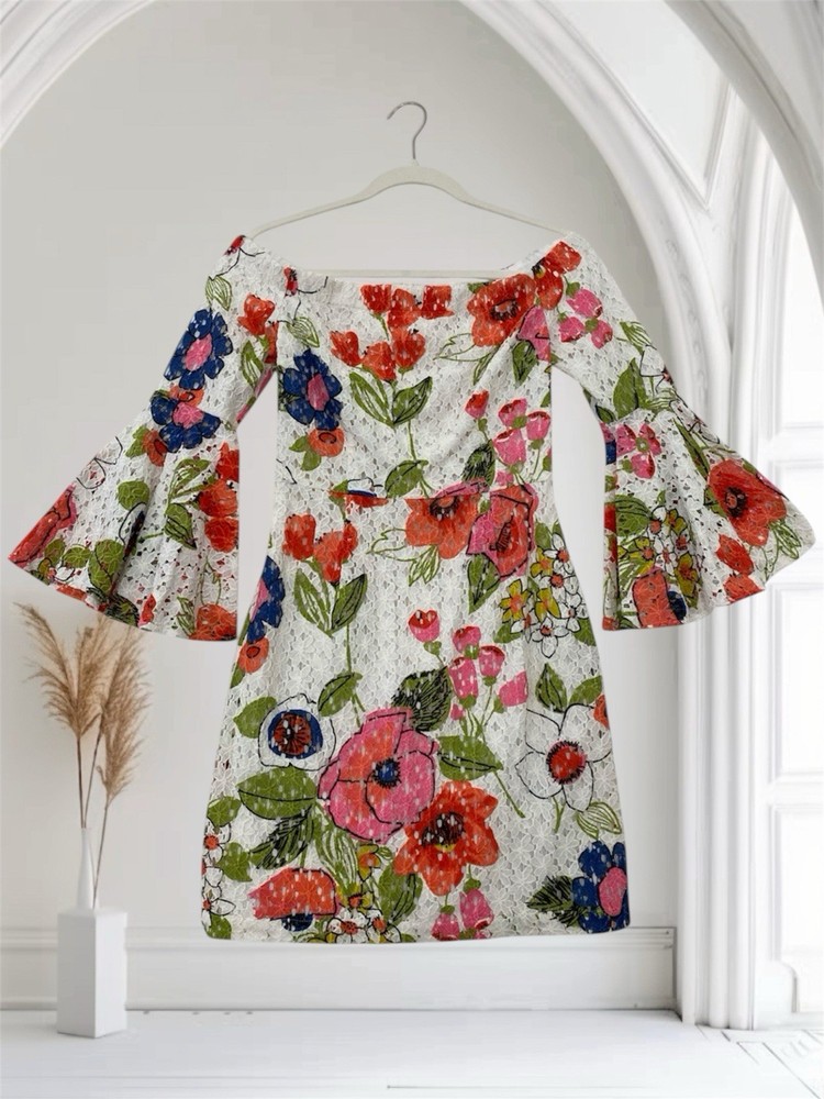 Trina Turk Floral Lace Off The Shoulder Dress Size 6 Bell Sleeve Boho Chi
