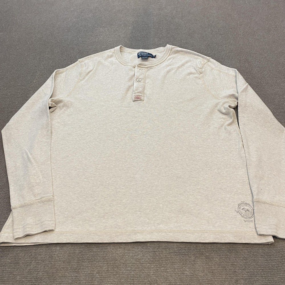 VTG Polo Ralph Lauren Henley Shirt Mens XL Beige Long Sleeve Cotton Casual Knit