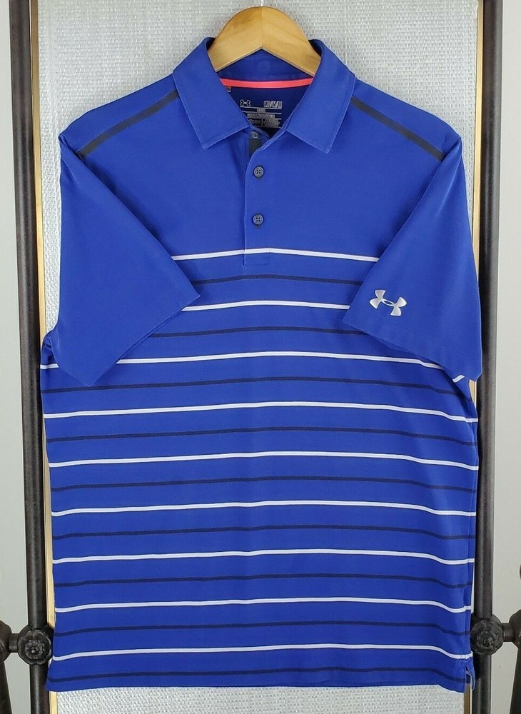 UNDER ARMOUR Size Medium Blue Stripes HeatGear Cotton Blend Mens Polo Shirt Golf