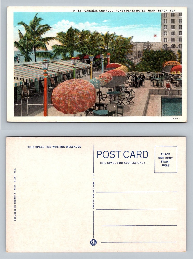 Miami Beach, FL-Florida, Roney Plaza Hotel Pool And Umbrellas Vintage Postcard