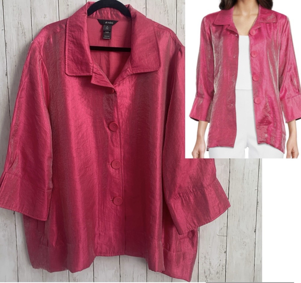NWT Ali Miles 3X pink shimmer  Woven jacket 3/4 sleeve button front round collar