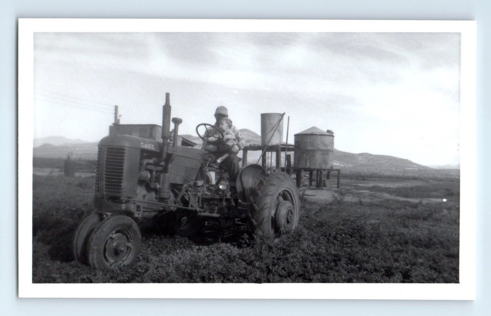 Old Vintage Photo MAN FARMER TODDLER BOY CASE TRACTOR WATER TOWER