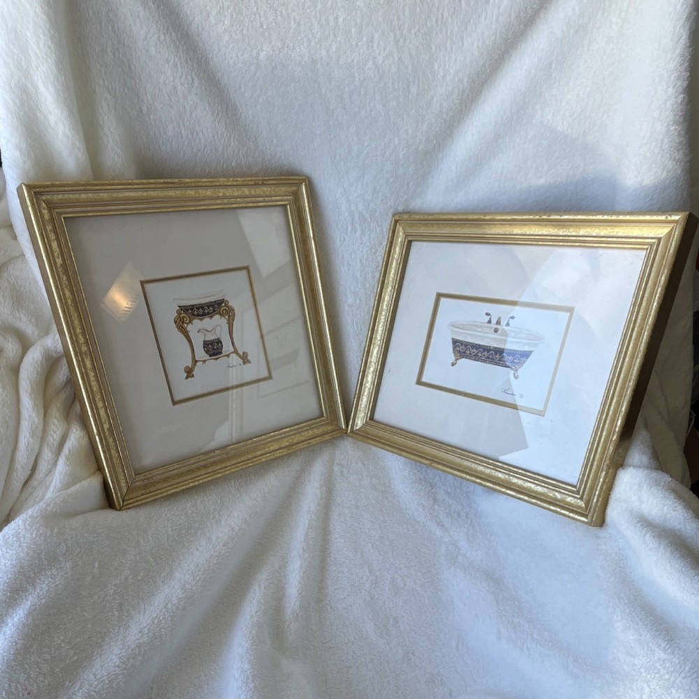 Hauben Set of 2 Framed Bathroom Prints Gold Blue White Bathtub Sink Art