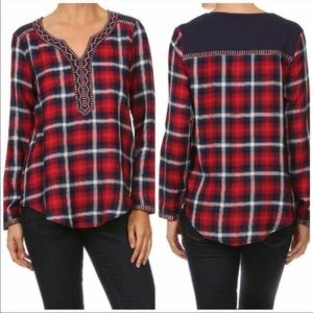 THML Red Blue Plaid Embroidered Western Pop Over Top Size M