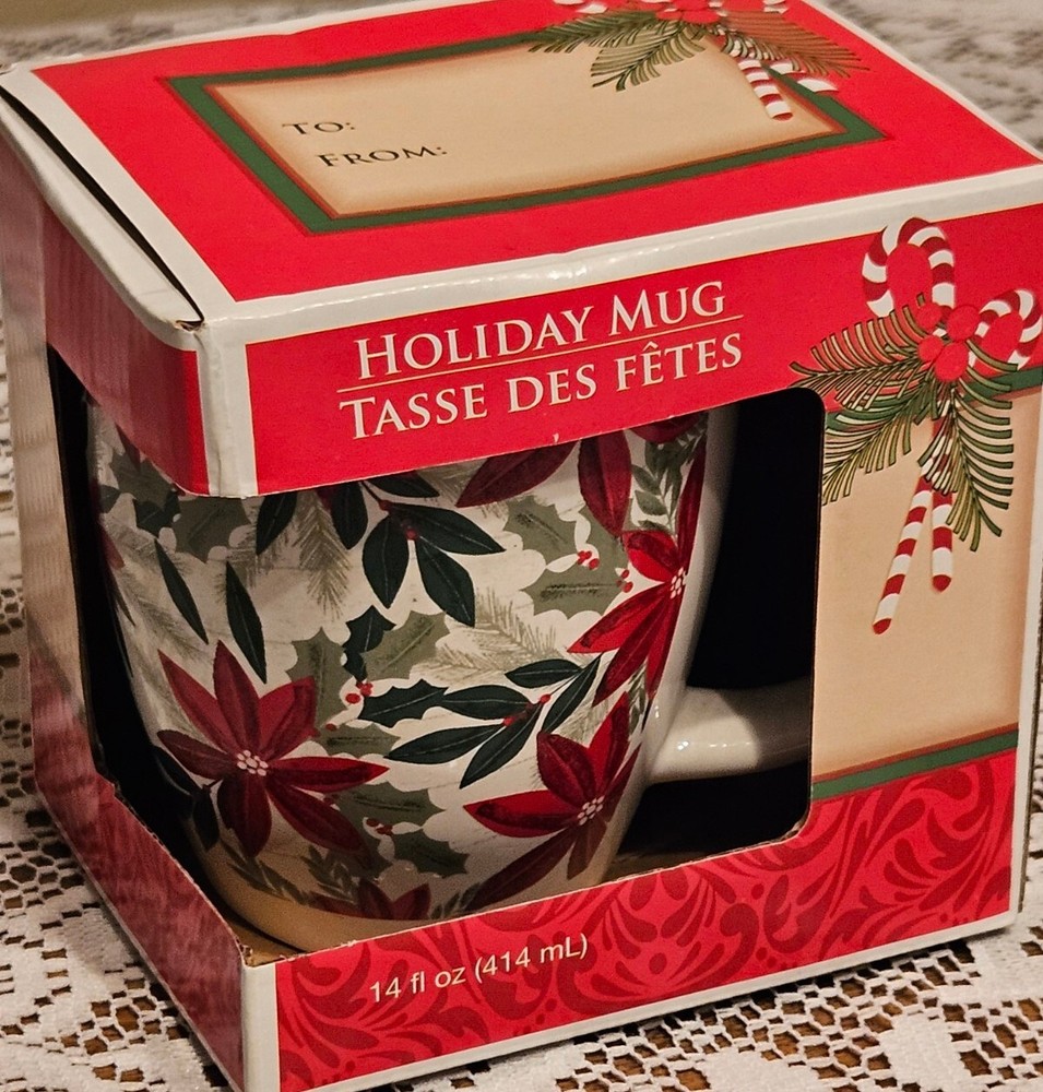 Poinsettia Holiday Coffee Tea Hot Cocoa Mug NIB 14oz Holly White Red Green