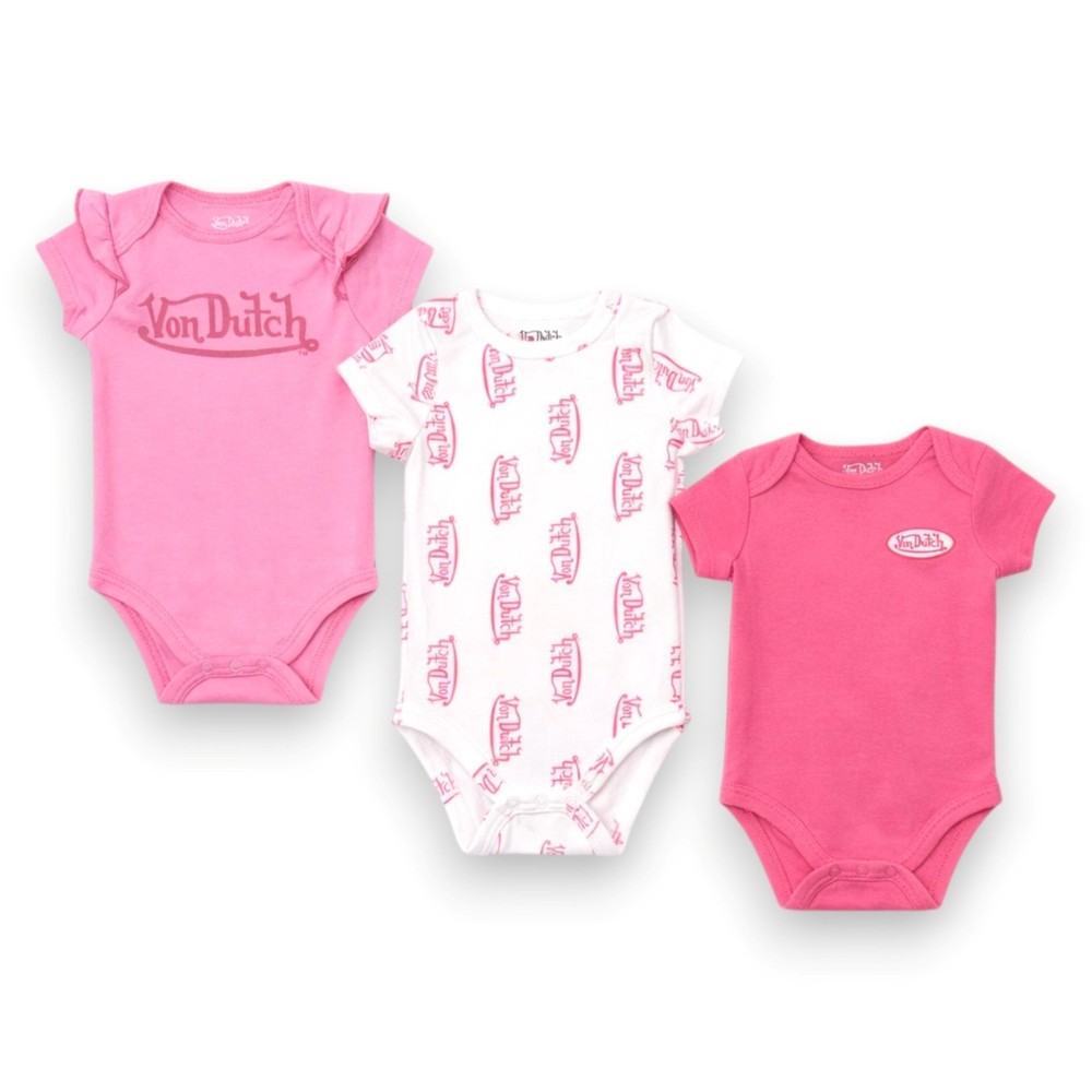 Von Dutch Baby Girls' 3-Pack Soft Graphic Bodysuit Sets Size NB 3M 6M 9M