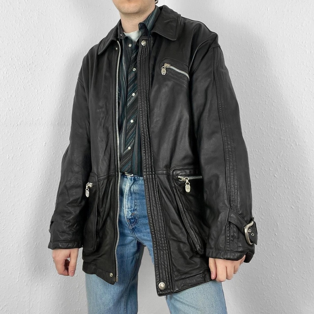 Retro vintage leather motorcycle biker jacket with zipper 80s 90s grunge trucker coat