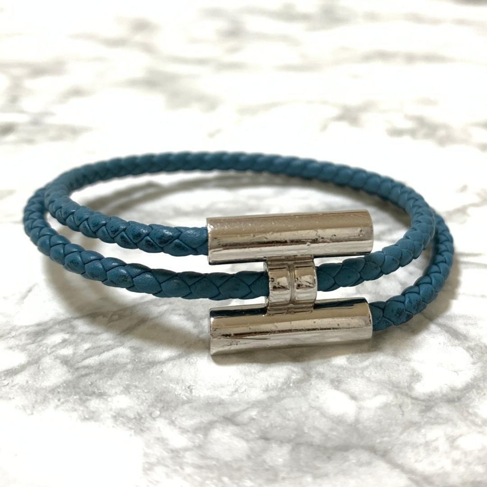 HERMES Tourni Tresse Bracelet 17cm Leather Steel Blue Used