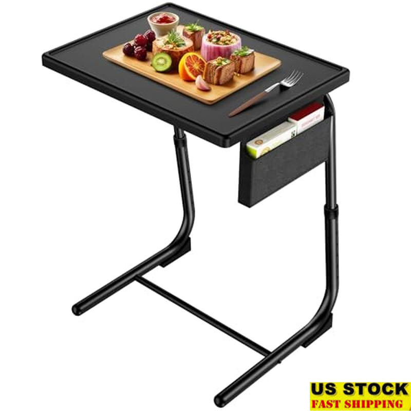 Adjustable Folding TV Tray Table with Storage Pocket for Bed or Sofa 6 Heights 3 Angles