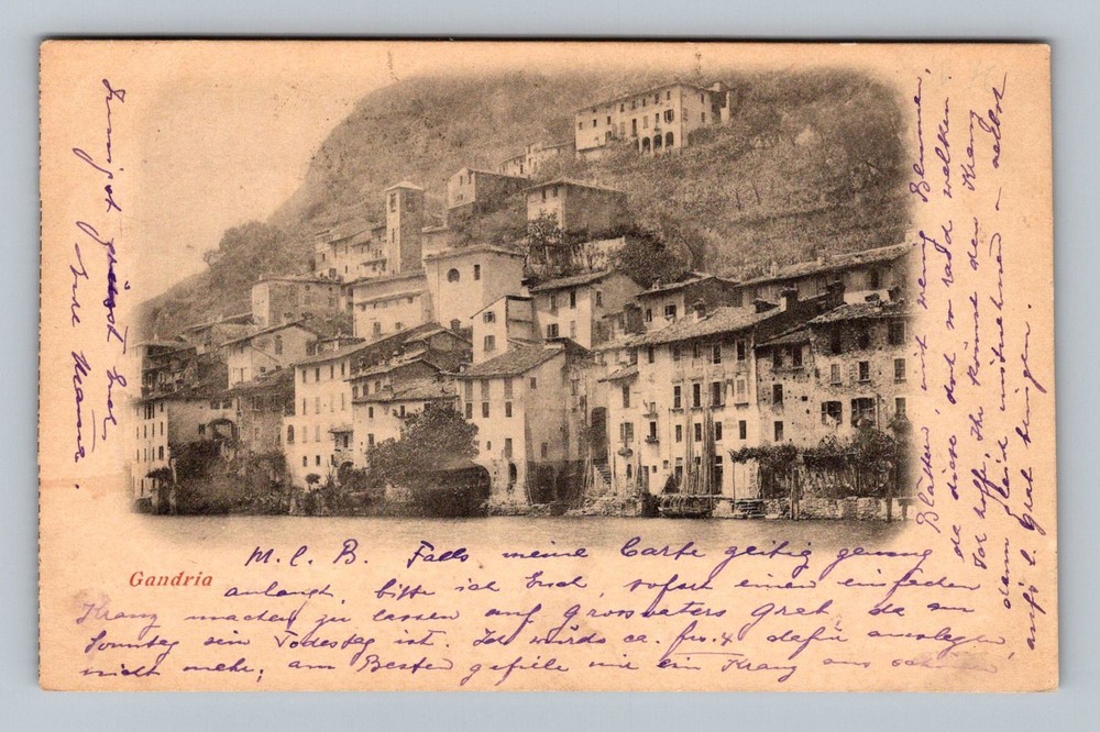 Italy- Gandria Town View & Mountain Homes Postal Old Card PC Vintage Postcard