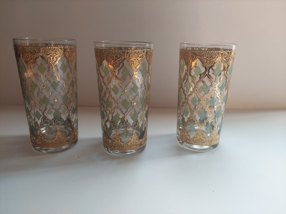 Vintage MCM Signed Culver VALENCIA 1960s 22K GOLD Highball Tumbler 12oz Set of 3