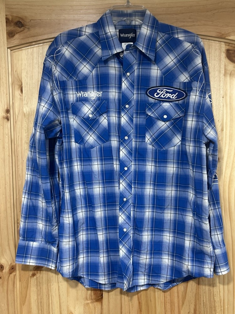 Wrangler Ford Men’s Long Sleeve Button Up Shirt Pearl Snaps Size Large Western