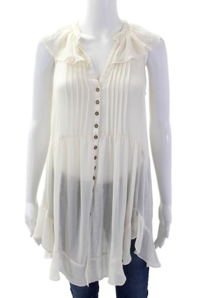 Anthropologie Womens V-neck Button Sleeveless Ruffle Tank Nude Size SFree Shipping in US $100+ Orders | $6.95 Orders Below