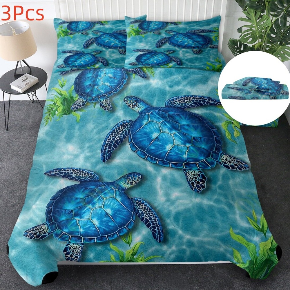 3Pcs Sea Turtle Duvet Cover Set Bedding Pillowcases For Bedroom All Seasons King