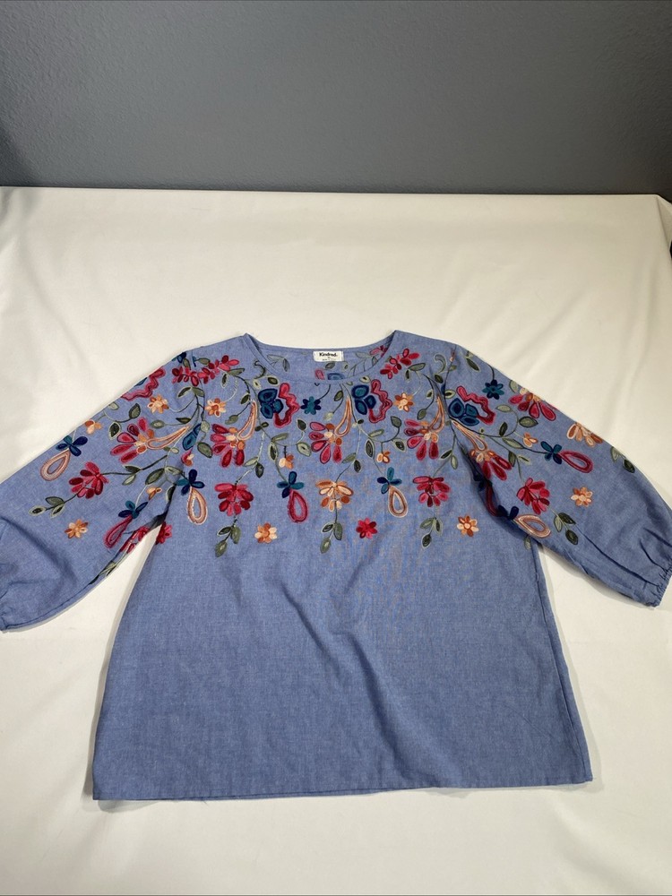 Kindred Anthropologie Blue Embroidered Puff Sleeve Top Size XL