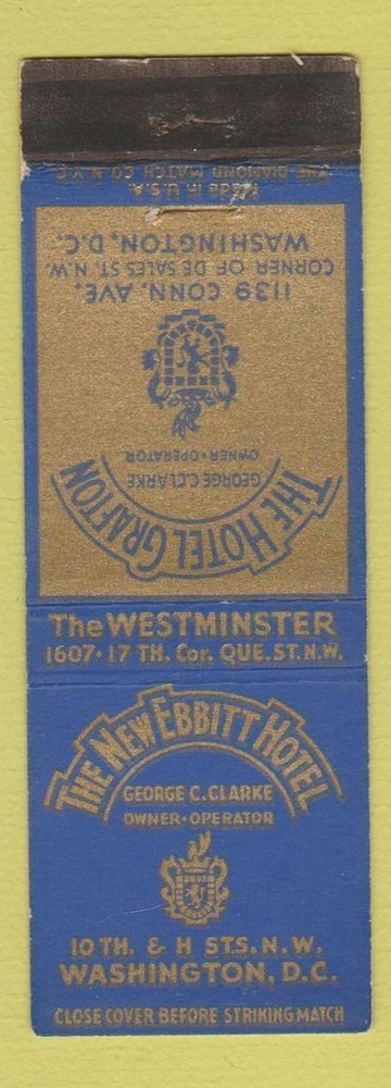 Matchbook Cover - New Ebbitt Hotel Washington DC