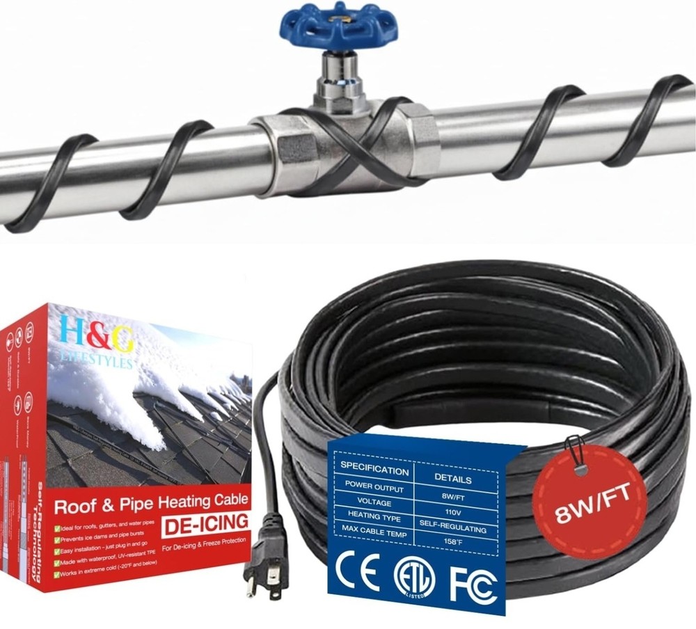 12 FT Heat Tape for Water Pipes, 8W/Ft 120 V Pipe Heating Tape, Self-Regulating