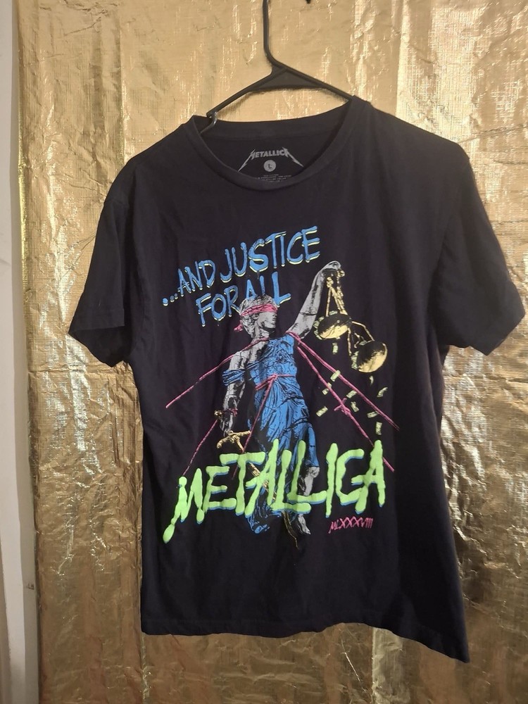 Metallica And Justice For All T Shirt Mens L Black Neon Graphic Band Tee EUC