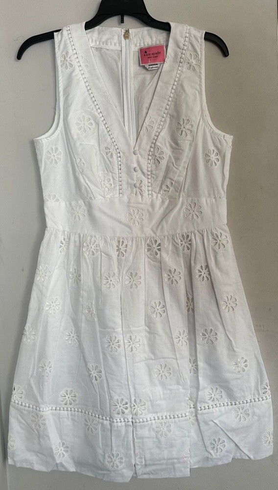 NWT Kate Spade Womens Dress White 8 Floral Eyelet Fit & Flare Sleeveless V-Neck