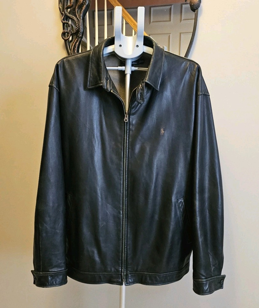 Vintage 90s Polo Ralph Lauren Leather Jacket Houndstooth Lined Black Faded Coat