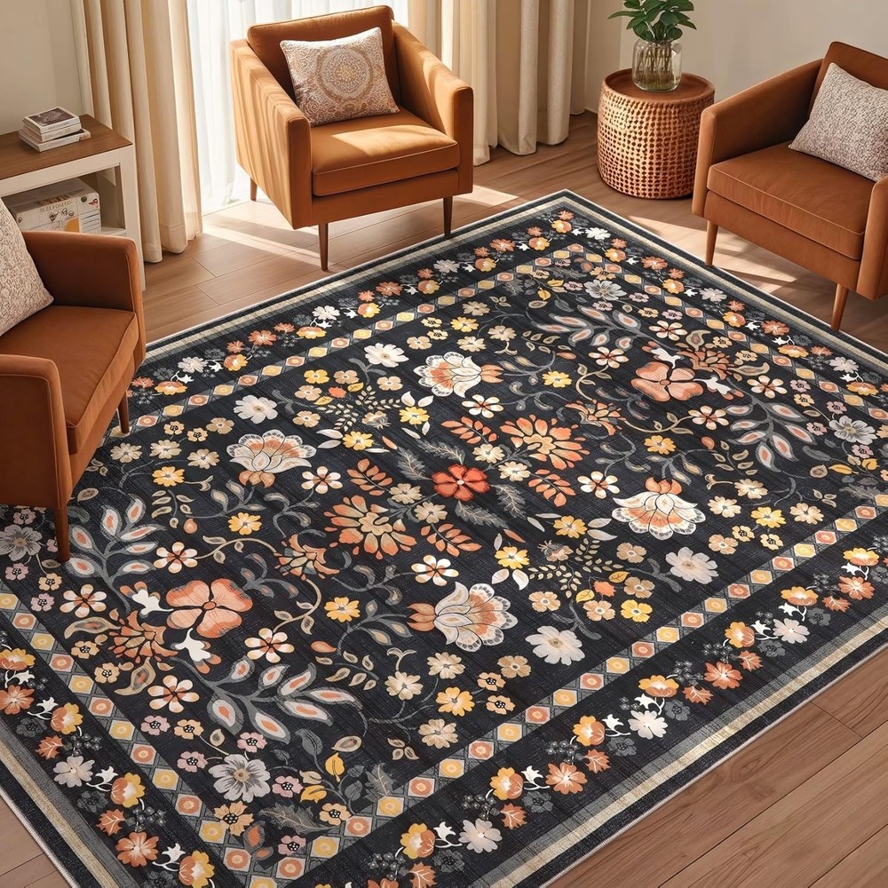 5x7 Area Rug Living Room Rugs - Washable Boho Vintage Floral Large Soft Non S...