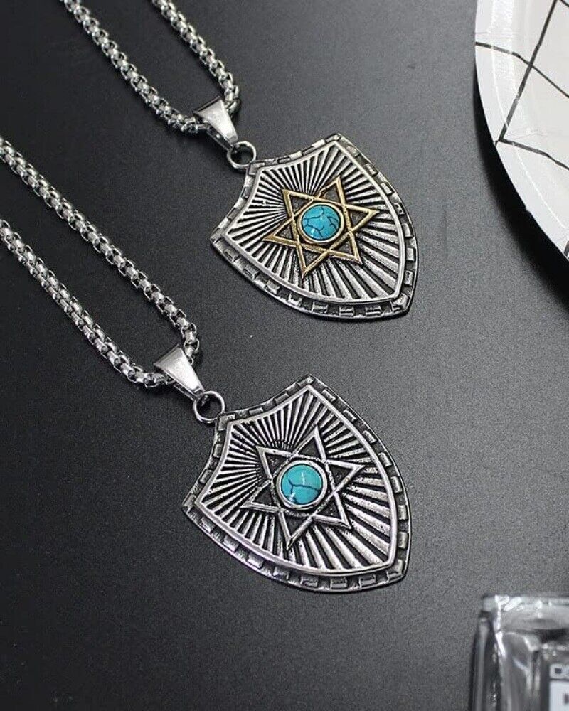 Men's Shield Hexagram 6 Point Star of David Necklace Pendant Turquoise Box Chain