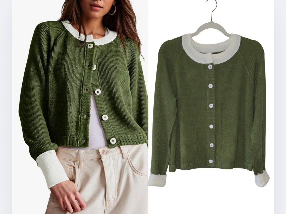 Eco-Friendly Women's Green Cropped Cardigan Sweater with Long Sleeves & Buttons in Size XL
