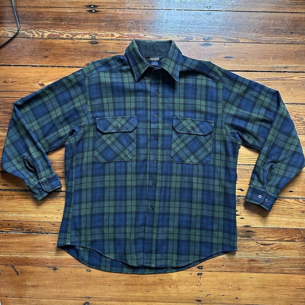 Men’s XL Woolrich Green & Blue Plaid Wool Blend Button Shirt