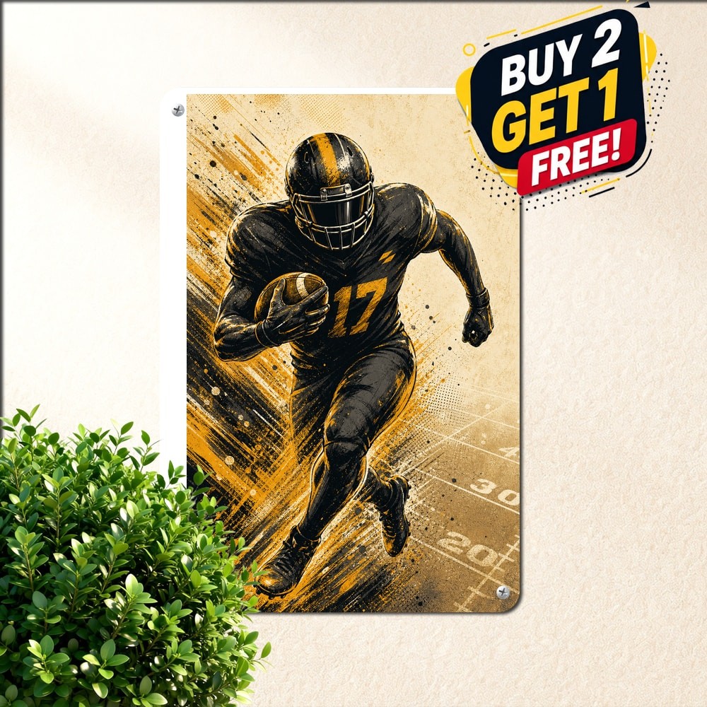 Black Golden Action Football Player Sports Wall Art Metal Sign