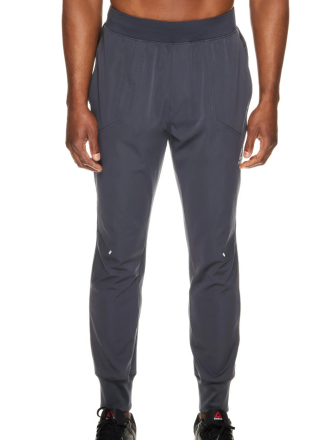 REEBOK Dark Gray DISTANCE WOVEN JOGGERS PANTS Pull-On Reflective Pockets SIZE S