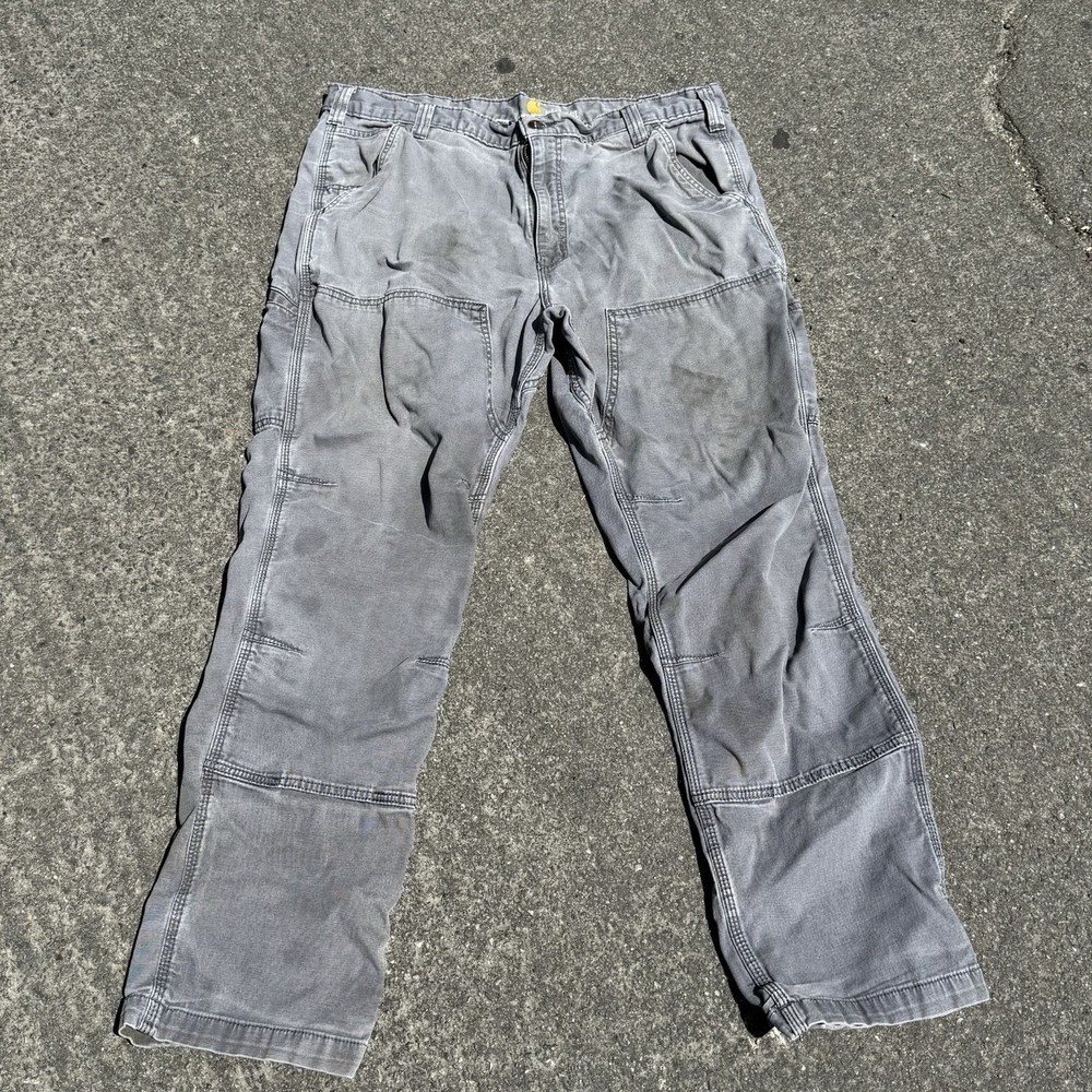 Carhartt Double Knee Pants Mens 38x34 Gray Workwear Stained Relaxed Fit Worn