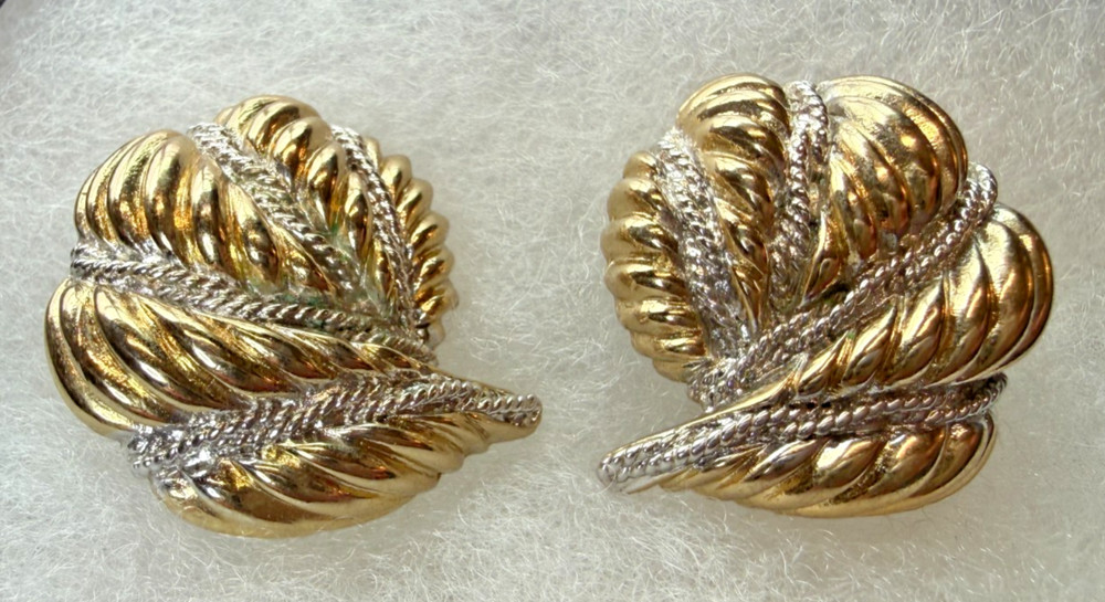 Vintage Signed MONET  Textured Gold and Silver tone clip on Earrings GREAT