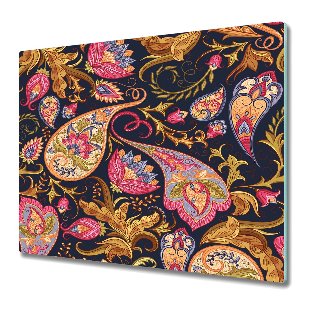 Glass Chopping Board Utensil Worktop Saver Paisley golden and pink art 60x52